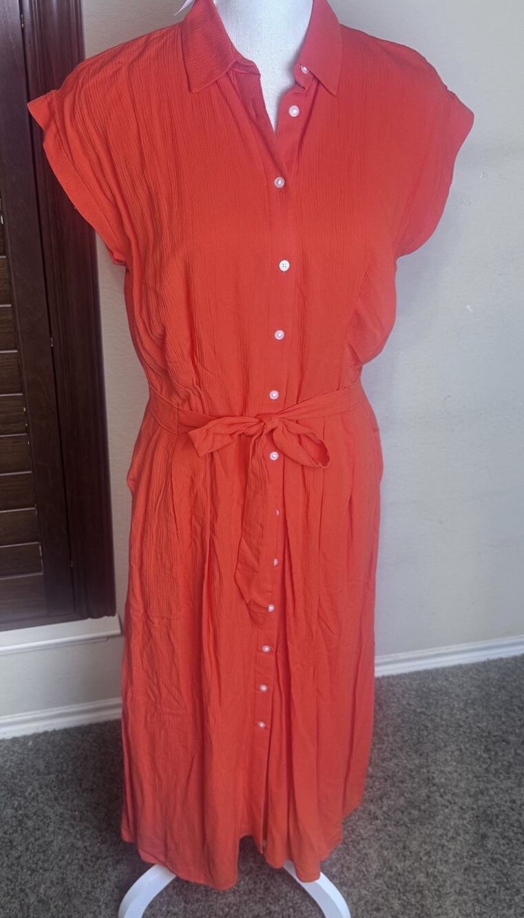 NWT Loft Bright Orange Belted Shirt Dress Size 4 Linen‎ Blend Button Midi Gauzy